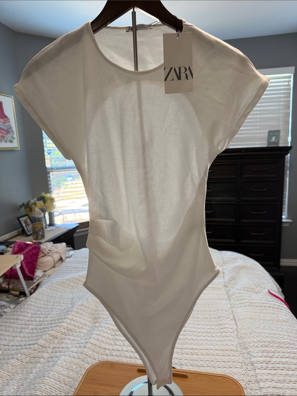 ZARA Ivory Satin Short-Sleeve Bodysuit